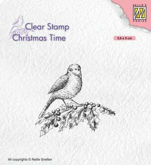 Nellies Choice Clearstempel - Christmas time - Vogel op hulst CT032 56x50mm